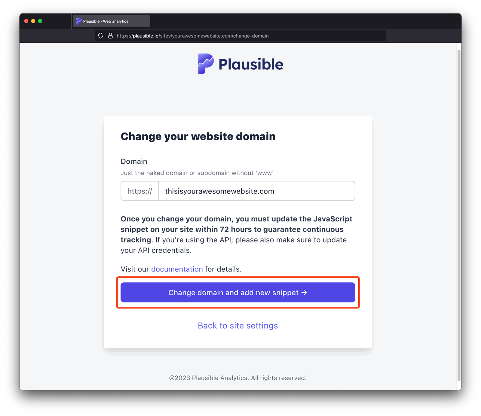 Change domain name in Plausible
