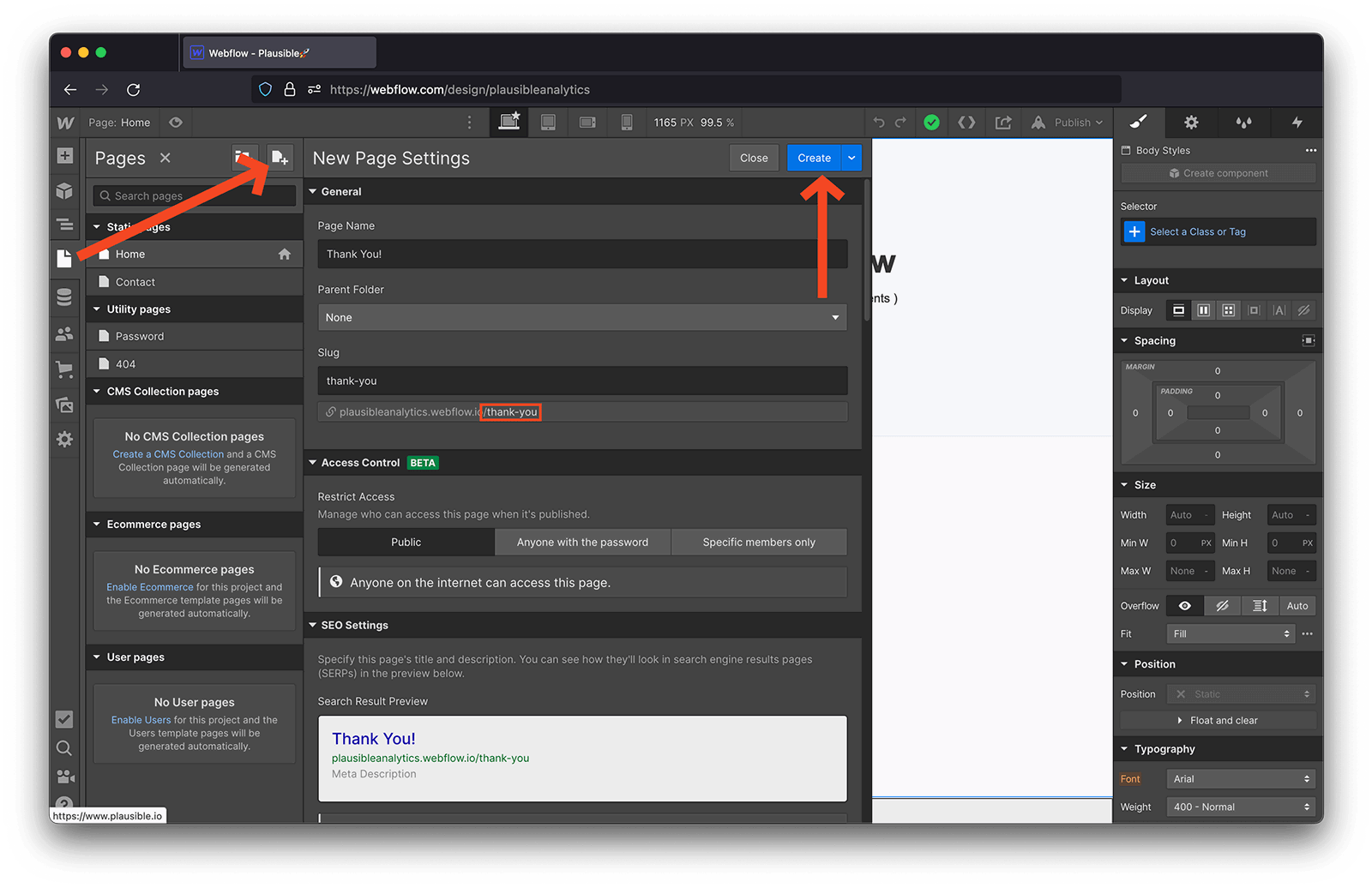 Create the form submission thank you page in Webflow