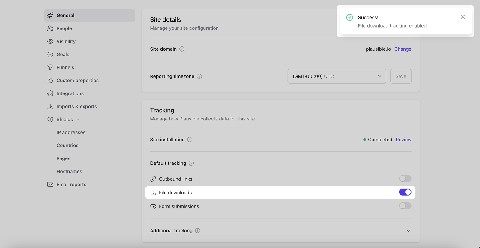 Enable file download tracking in Plausible site settings