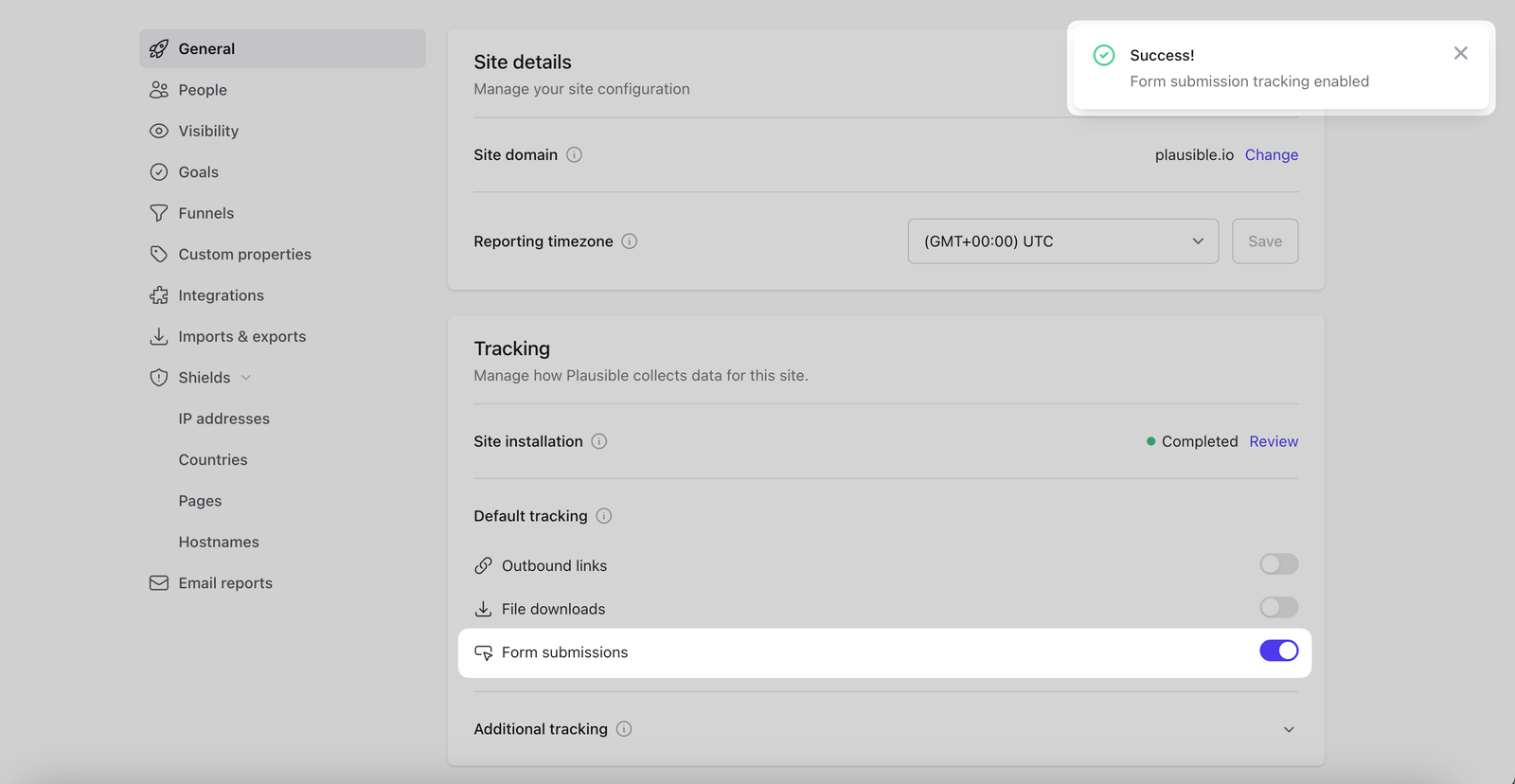 Enable form submission tracking in Plausible site settings